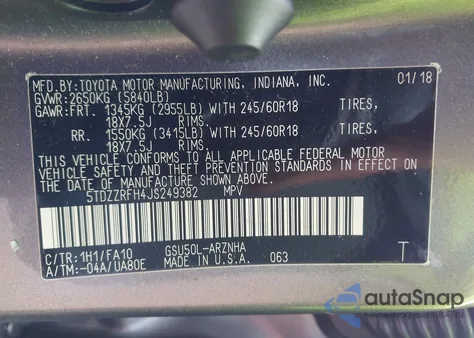 2018 Toyota Highlander Le Plus from USA, damaged, VIN 5TDZZRFH4JS249382